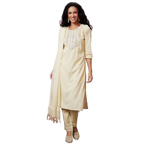 globus women off-white embroidered thread work panelled festive kurta set with dupatta-3640294003