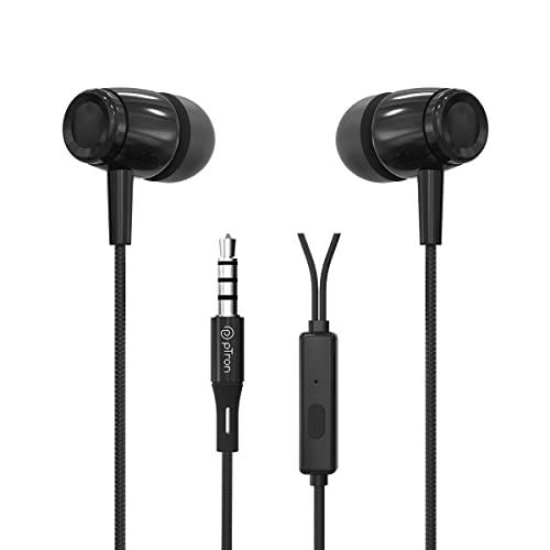 ptron pride indie in-ear wired earphones with mic, stereo sound, 10mm drivers, snug-fit design, passive noise cancellation, in-line controls, universal 3.5mm aux & 1.2m tange-free cable (black)