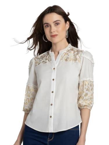 shaye white casual 3/4th sleeves round neck foil print shirt for women