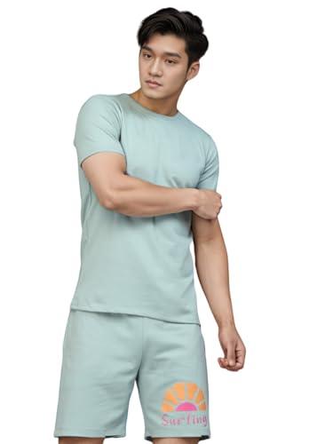 rigo men night suit set | printed casual co-ords set | men's t-shirt and short set | round neck half sleeves casual co-ords | green co-ords set (size- l)