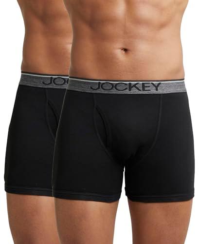 jockey men's super combed cotton rib fabric boxer briefs with front fly, ultrasoft and durable waistband (pack of 2) 8009_black_l