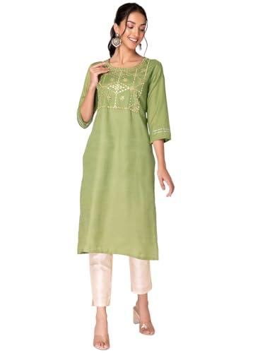 indya women's poly viscose regular kurta (itn05785_green_m)