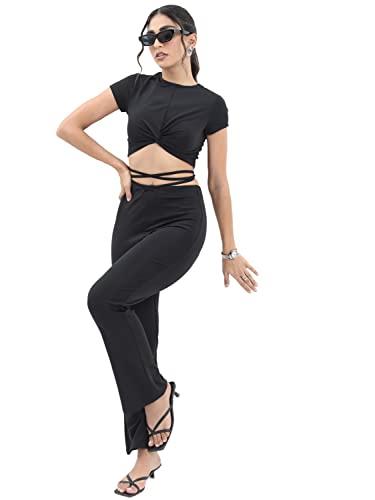 ketch polyester blend women top with pant (suit-skirt set black