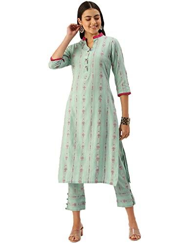 hritika striped & floral cotton blend turquoise kurta set_(hrkb0021trqis_xl)