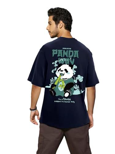 bewakoof men's the panda way graphic print cotton t-shirt- oversized fit, round neck, half sleeves 580637_blue_2xl