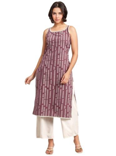 rytras women's cotton printed straight sleeveless kurta(purple,m)