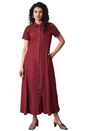 w for woman women's maroon cotton summer shirt dress calf length (23few19307-219036 12)