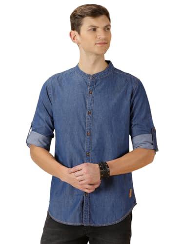 thomas scott men's smart slim fit band collar pure cotton denim casual overdyed shirt mid blue