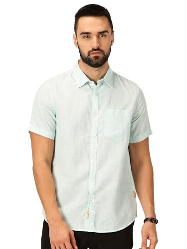 thomas scott men's premium cotton linen blend half sleeves slim fit solid casual shirt (aqua, m)