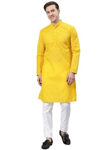 majestic man polyester mandarin collar ethnic motifs embroidered long kurta (x-large, haldi yellow, men)