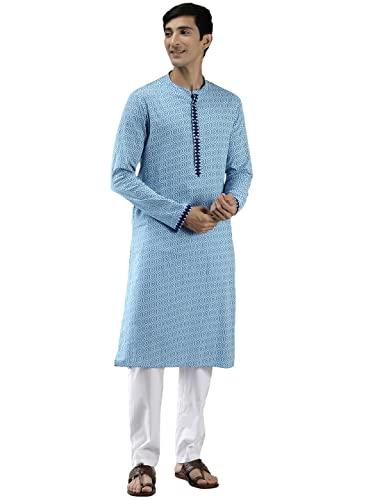 see designs blue & white cotton regular fit mandarin collar printed kurta set_sdkt102801s