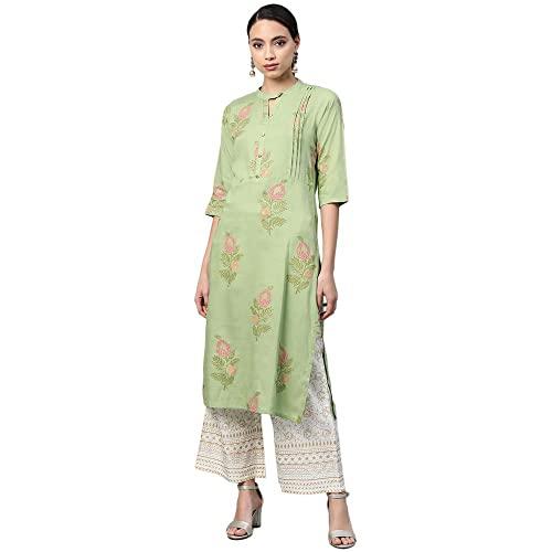 anubhutee women's rayon green ethnic motifs printed straight kurta suit set with palazzo