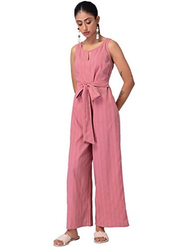 faballey pink self striped front tie jumpsuit