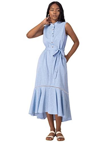 indya women's pale blue cotton high low shirt dress midi (etn00550 xs)