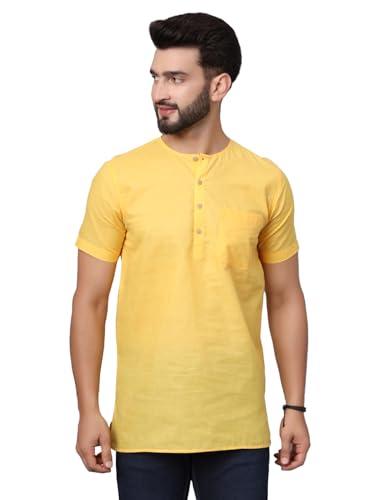 latest chikan men's cotton straight round neck summer cool yellow short kurta half sleeves� lc_a_skpc-rn-y-44