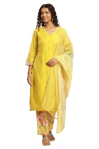 w for woman women's viscose kurta, slim pant & dupatta (23auws10291-220773_citric yellow