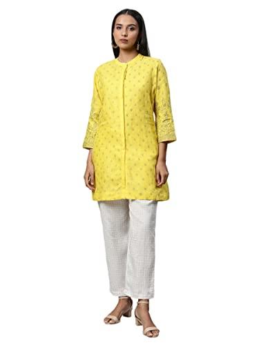 pure linen yellow gold print short kurta set for woman (size: l)-lcweaw222pfyel0135