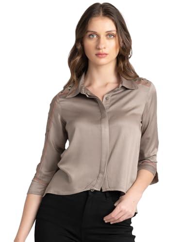 shaye spread collar khaki solid three-quarter sleeves casual shirt for women