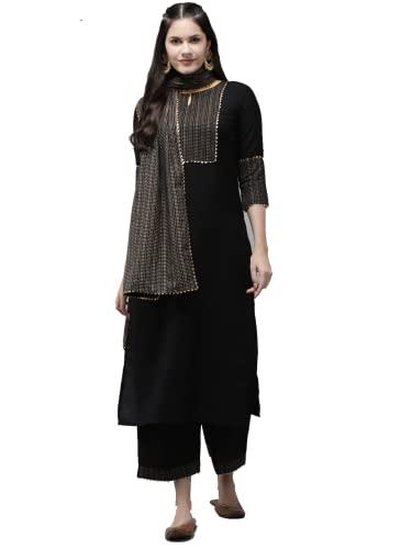 meera fab women's rayon printed kurta with palazzo & dupatta set black