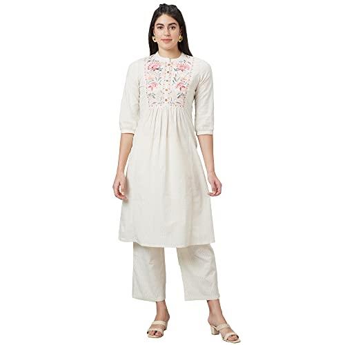 globus women off white embroidered mandarin collar a-line kurta set with palazzo-3633187001