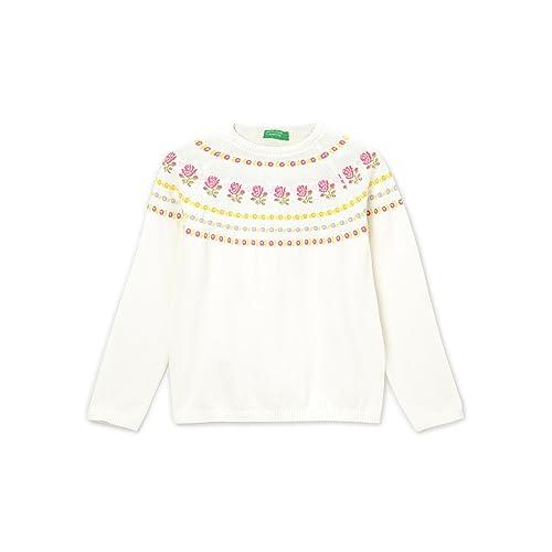 united colors of benetton girl's regular fit crew neck floral sweater (size: 10-11 years)-23a1flrdr004i074 white