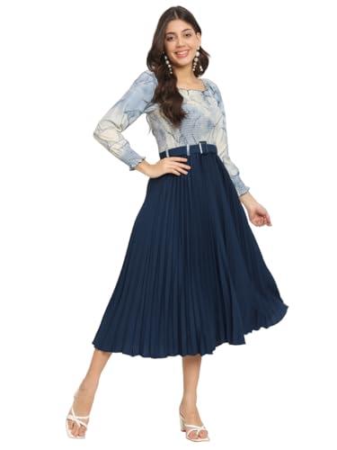 otabu women a-line dress with pleats, has an square neck, printed top comes with a belt blue