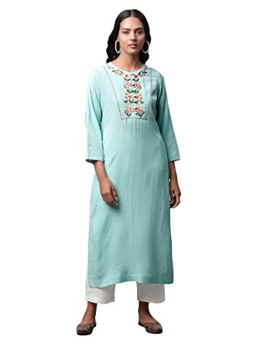 linen club woman turq embroidered kurta (size: l)-lcwess22lkfptq0044