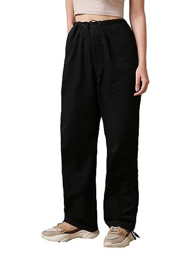 bewakoof women's solid 100% cotton parachute pants - oversized fit_589658_black_xl