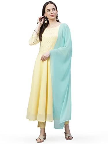 jompers women's sequence yok anarkali gorgette kurta dupatta set (yellow,s)