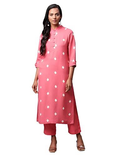 linen club woman rapture rose kurta set (size: l)-lcwess222pfrpr0020