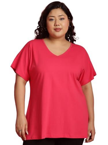 therebelinme plus size women's fuchsia solid color v-neck cotton knitted t-shirt-(xxxxxxl)