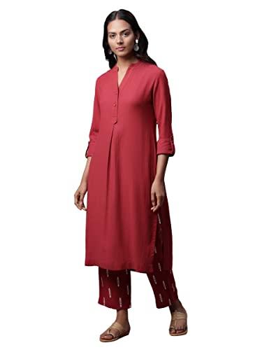 linen club woman maroon kurta set (size: 2xl)-lcwess222pcmrn0008