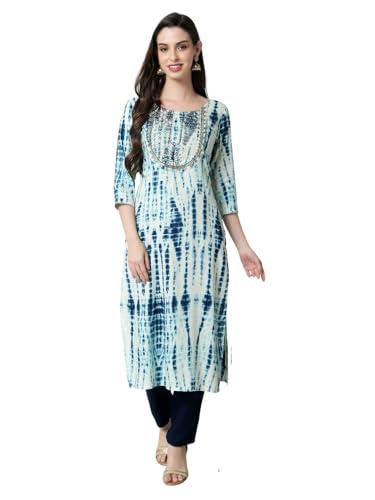 rytras women's tie & dye embroidered straight kurta(blue,s)