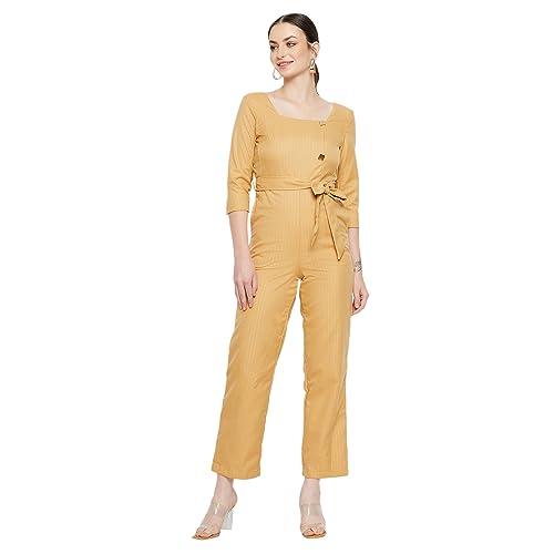 madame square neck straight mustard jumpsuits for women