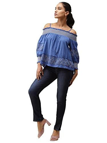 label ritu kumar blue smocked off shoulder embroidered top