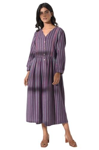 w for woman women's cotton dark purple v-neck dress calf length (21auw17058-810100 m)