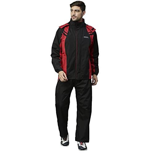 zeel rain coat for men waterproof for bike riders with adjustable hood along with inner pockets,waterproof raincoat with polyester jacket,pants and waterproof drawstring bag,az05 black-red xl