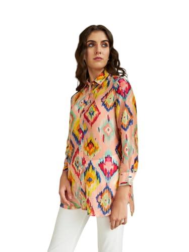 leriya fashion women's rayon ikat printed casual shirt tops for women long cuff sleeves collared neck button down tunic for outing travel holiday party office wear shirts (x-large, peach)