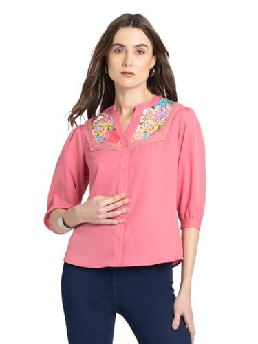 shaye band collar blush pink floral print three-quarter sleeves casual tops for women