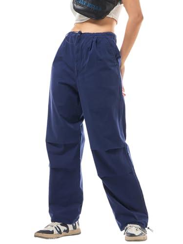 bewakoof women's solid oversized fit cotton parachute pant_627715_blue_s