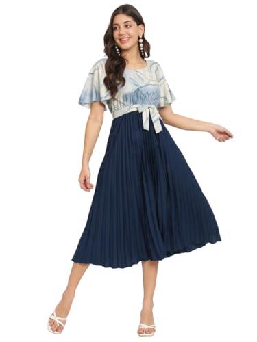 otabu women a-line dress with pleats, has an round neck, printed top comes with a belt and flared sleeves (l, blue)