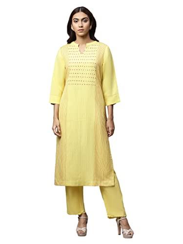 mustard front embroidered premium linen kurta set (size: 2xl)-lcwess22lkcyel0110