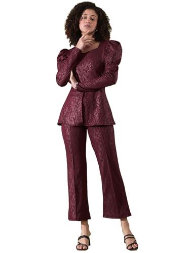 selvia women's co-ords set|puff sleeve embossed lycra sweetheart neck co-ords set|front slit top & trouser co-ords set|2 piece co-ord set (649ctk11323n-s_maroon)