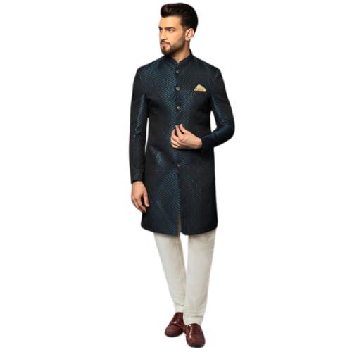 kisah men's indo western sherwani churidar set, navy blue cotton, jacquard regular fit mandarin collar long sleeves (l)