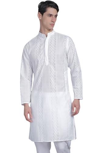 majestic man cotton blend chikankari embroidered ethnic motifs double plaket kurta (white, medium, men)