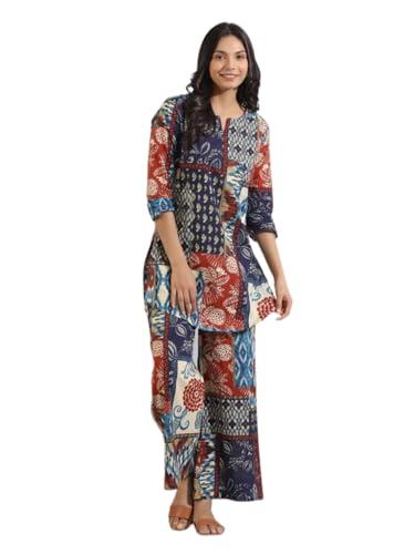 leriya fashion kurta set for women || ethnic co ord set || casual kurta set for women || fancy kurta set || kurti set for women || rayon printed short kurti with pant set (large, blue) k-w1706&tr799