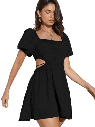 aahwan solid summer beach square neck puff sleeve cut out waist black dress for women's & girls (263-black-medium)