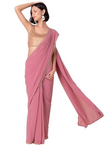 indya women's georgette pink scallop border pre-stitched saree (without blouse) (iss00142