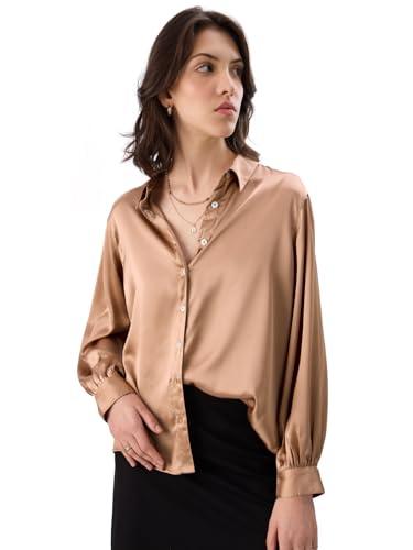 the souled store brown women and girls long sleeve collared neck button front solid regular fit polyester satin shirts