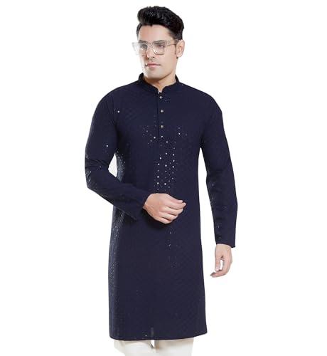 divisive men's sequince embroidered cotton blend only slim fit kurta (dkrt133_xl_navy blue)